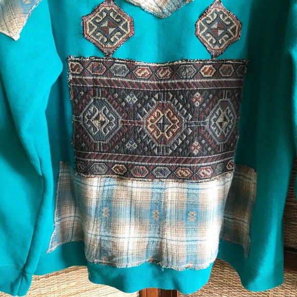 Upcycled Patchwork Jacket, Size L: Teal Tribal Zip-Up Hoodie, Southwest Aztec - Picture 5 of 16